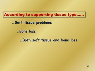 …Soft tissue problems
…Bone loss
…Both soft tissue and bone loss
According to supporting tissue type……
67
 
