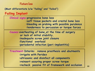 Fixture loss
(Must differentiate b/w “failing” and “failed”)
Failing Implant
Clinical signs:progressive bone loss
:soft tissue pockets and crestal bone loss
:bleeding on probing with possible purulence
:tenderness to percussion or torque forces
Causes:overheating of bone at the time of surgery
or lack of initial stability.
:inadequate screw joint closure
:functional overload
:periodontal infection (peri-implantitis)
Treatment:Interim: remove prosthesis and abutments
:irrigate with Peridex
:ultrasonic and disinfect all components
:reinsert assuring proper screw torque
:recheck passive fit of framework and occlusion 88
 