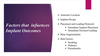 Factors that infuences
Implant Outcomes
 Anatomic Location
 Implant Design
 Placement and Loading Protocols
 Immediate Implant Placement
 Immediate Occlusal Loading
 Bone Augmentation
 Risk Factors
 Smoking
 Diabetes
 Periodontitis
 
