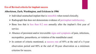 Era of Revised criteria for implant success
Alberktson, Zarb, Washington, and Erickson in 1986
 Individual unattached implant that is immobile when tested clinically.
 Radiograph that does not demonstrate evidence of periimplant radiolucency.
 Bone loss that is less than 0.2 mm annually after the implant’s first year of
service.
 Absence of persistent and/or irreversible signs and symptoms of pain, infections,
necropathies, paraesthesia, or violation of the mandibular canal.
 In content of criteria mentioned, a success rate of 85% at the end of a 5-year
observation period and 80% at the end of 10-year observation as a minimum
criterion for success.
 