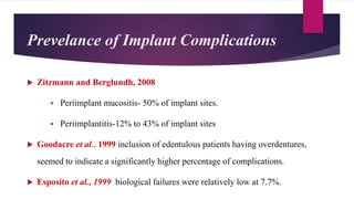 Prevelance of Implant Complications
 Zitzmann and Berglundh, 2008
 Periimplant mucositis- 50% of implant sites.
 Periimplantitis-12% to 43% of implant sites
 Goodacre et al., 1999 inclusion of edentulous patients having overdentures,
seemed to indicate a significantly higher percentage of complications.
 Esposito et al., 1999 biological failures were relatively low at 7.7%.
 