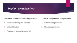 Implant complications
Prosthetic and mechanical complications
A. Screw loostening and fracture
B. Implant fracture
C. Fracture of restorative materials
Esthetic and phonetic complications
A. Esthetic complications
B. Phoenetic problems
 
