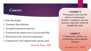 • INDIRECT
Postsurgical intra-alveolar
edema or hematomas-
produce a temporary pressure
increase, especially inside the
mandibular canal
• DIRECT
Compression, stretch, cut,
overheating, and accidental
puncture
(Annibali et al., 2009)
Causes
 Poor flap design,
 Traumatic flap reflection,
 Accidental intraneural injection,
 Traction on the mental nerve in an elevated flap,
 Penetration of the osteotomy preparation
 Compression of the implant body into the canal
Misch & Wang., 2008
 