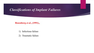 Classifications of Implant Failures
Rosenberg et al., (1991).,
1) Infectious failure
2) Traumatic failure
 
