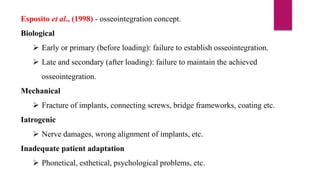 Esposito et al., (1998) - osseointegration concept.
Biological
 Early or primary (before loading): failure to establish osseointegration.
 Late and secondary (after loading): failure to maintain the achieved
osseointegration.
Mechanical
 Fracture of implants, connecting screws, bridge frameworks, coating etc.
Iatrogenic
 Nerve damages, wrong alignment of implants, etc.
Inadequate patient adaptation
 Phonetical, esthetical, psychological problems, etc.
 