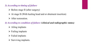 3) According to timing of failure
 Before stage II (after surgery)
 At stage II (With healing head and or abutment insertion)
 After restoration.
4) According to condition of failure: (clinical and radiographic status)
 Ailing implants
 Failing implants
 Failed implants
 Surviving implants.
 