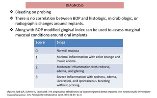  Bleeding on probing
 There is no correlation between BOP and histologic, microbiologic, or
radiographic changes around implants.
 Along with BOP modified gingival index can be used to assess marginal
mucosal conditions around oral implants
)Apse P, Zarb GA, Schmitt A, Lewis DW. The longitudinal effectiveness of osseointegrated dental implants. The Toronto study: Periimplant
mucosal response. Int J Periodontics Restorative Dent 1991;11:95–111)
DIAGNOSIS
 