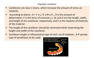 Improper cantilever
 Cantilevers are class-1 levers, which increase the amount of stress on
implants.
 According to Glantz ; D = F x L / E x W x H ,, D is the amount of
deformation, F is the force of occlusion, L, W, and H are the length, width,
and height of the cantilever, respectively, and E is the modulus of elasticity
of the material .
 The length of the cantilever should be minimized while maximizing the
height and width of the cantilever.
 Cantilever length is influenced by type of arch, no of implants , A-P spread,
type of prostheses to be used.
 