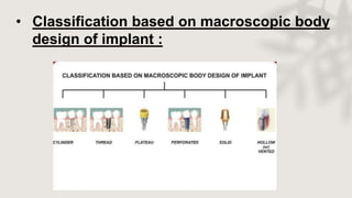 • Classification based on macroscopic body
design of implant :
 