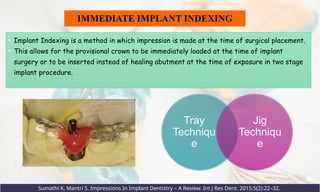 IMMEDIATE IMPLANT INDEXING
• Implant Indexing is a method in which impression is made at the time of surgical placement.
• This allows for the provisional crown to be immediately loaded at the time of implant
surgery or to be inserted instead of healing abutment at the time of exposure in two stage
implant procedure.
Sumathi K, Mantri S. Impressions In Implant Dentistry – A Review. Int J Res Dent. 2015;5(2):22–32.
Tray
Techniqu
e
Jig
Techniqu
e
 