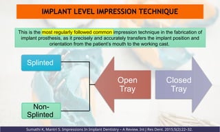 IMPLANT LEVEL IMPRESSION TECHNIQUE
Sumathi K, Mantri S. Impressions In Implant Dentistry – A Review. Int J Res Dent. 2015;5(2):22–32.
This is the most regularly followed common impression technique in the fabrication of
implant prosthesis, as it precisely and accurately transfers the implant position and
orientation from the patient’s mouth to the working cast.
Open
Tray
Closed
Tray
Splinted
Non-
Splinted
 