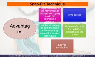 Snap-Fit Technique
Helps to overcome
the movement of
impression coping
inside the
impression
material
Time saving
Has the advantage
of both the open
and closed tray
implant impression
techniques
More comfortable
for both the
clinician and the
patient
Easy to
manipulate
Advantag
es
Gayathridevi SK, Gowda H. Impression Techniques in Implants. J Dent Oro-facial Res. 2016;12(02):11–9.
 