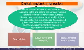 Digital Implant Impression
Triangulation
Active wave-front
sampling
Parallel confocal
laser scanning
Scanning
Principle
Gayathridevi SK, Gowda H. Impression Techniques in Implants. J Dent Oro-facial Res. 2016;12(02):11–9.
Works similarly to a camera, but instead of simply
capturing lights and colors, the sensors measure
light reflection times from various surfaces
through processes to capture the object three-
dimensionally. This information is then captured
by the three-dimensional software that utilizes
specific alignment algorithms to allow for
registration of the object.
 