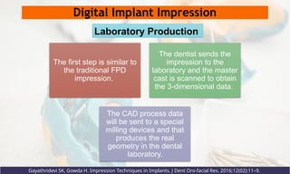Digital Implant Impression
The first step is similar to
the traditional FPD
impression.
The dentist sends the
impression to the
laboratory and the master
cast is scanned to obtain
the 3-dimensional data.
The CAD process data
will be sent to a special
milling devices and that
produces the real
geometry in the dental
laboratory.
Gayathridevi SK, Gowda H. Impression Techniques in Implants. J Dent Oro-facial Res. 2016;12(02):11–9.
Laboratory Production
 