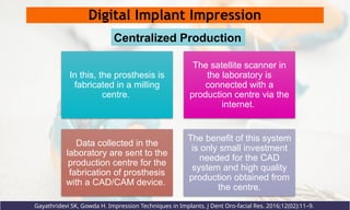 Digital Implant Impression
In this, the prosthesis is
fabricated in a milling
centre.
The satellite scanner in
the laboratory is
connected with a
production centre via the
internet.
Data collected in the
laboratory are sent to the
production centre for the
fabrication of prosthesis
with a CAD/CAM device.
The benefit of this system
is only small investment
needed for the CAD
system and high quality
production obtained from
the centre.
Gayathridevi SK, Gowda H. Impression Techniques in Implants. J Dent Oro-facial Res. 2016;12(02):11–9.
Centralized Production
 