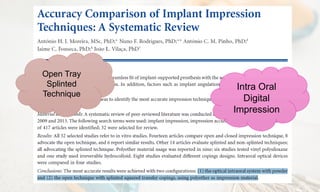 Open Tray
Splinted
Technique
Intra Oral
Digital
Impression
 