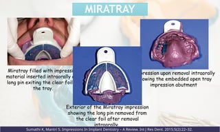 MIRATRAY
Miratray filled with impression
material inserted intraorally and
long pin exiting the clear foil of
the tray.
Impression upon removal intraorally
showing the embedded open tray
impression abutment
Exterior of the Miratray impression
showing the long pin removed from
the clear foil after removal
intraorally.
Sumathi K, Mantri S. Impressions In Implant Dentistry – A Review. Int J Res Dent. 2015;5(2):22–32.
 