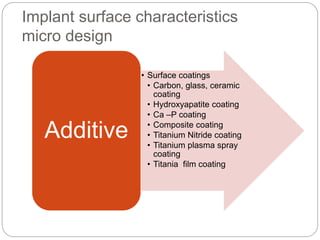 Implant surface characteristics
micro design
• Surface coatings
• Carbon, glass, ceramic
coating
• Hydroxyapatite coating
• Ca –P coating
• Composite coating
• Titanium Nitride coating
• Titanium plasma spray
coating
• Titania film coating
Additive
 