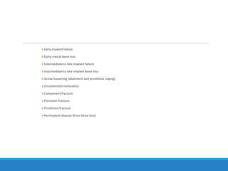 Early implant failure
Early crestal bone loss
Intermediate to late implant failure
Intermediate to late implant bone loss
Screw loosening (abutment and prosthesis coping)
Uncemented restoration
Component fracture
Porcelain fracture
Prosthesis fracture
Periimplant disease (from bone loss)
 