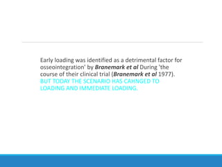Early loading was identified as a detrimental factor for
osseointegration' by Branemark et al During 'the
course of their clinical trial (Branemark et al 1977).
BUT TODAY THE SCENARIO HAS CAHNGED TO
LOADING AND IMMEDIATE LOADING.
 