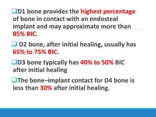 D1 bone provides the highest percentage
of bone in contact with an endosteal
implant and may approximate more than
85% BIC.
 D2 bone, after initial healing, usually has
65% to 75% BIC.
D3 bone typically has 40% to 50% BIC
after initial healing
The bone–implant contact for D4 bone is
less than 30% after initial healing.
 