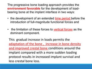 The progressive bone loading approach provides the
environment favorable for the development of load-
bearing bone at the implant interface in two ways:
• the development of an extended time period before the
introduction of full-magnitude functional forces and
• the limitation of these forces to vertical forces as the
dominant component.
This gradual increase in loads permits the
adaptation of the bone , increase in bone density
and improved crestal bone conditions around the
implant compared with a more sudden loading
protocol results in increased implant survival and
less crestal bone loss.
 