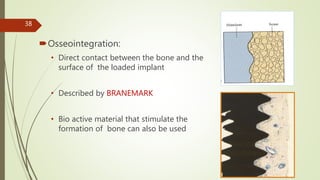 Osseointegration:
• Direct contact between the bone and the
surface of the loaded implant
• Described by BRANEMARK
• Bio active material that stimulate the
formation of bone can also be used
38
 