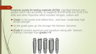 American society for testing materials (ASTM) classified titanium into
grades; which vary according to oxygen(0.18-0.40 wt%) iron (0.20-0.50
wt%) and other impurities which includes nitrogen, carbon and
 Grade I is the purest and softest form , and have moderately high
tensile strength.
 As the grade goes up, the stronger the titanium becomes
 Grade V contains aluminum and vanadium along with titanium,
making it stronger than grades I-IV
62
 
