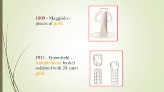 1809 - Maggiolo -
pieces of gold.
1911 - Greenfield -
iridoplatinum basket
soldered with 24 carat
gold.
 
