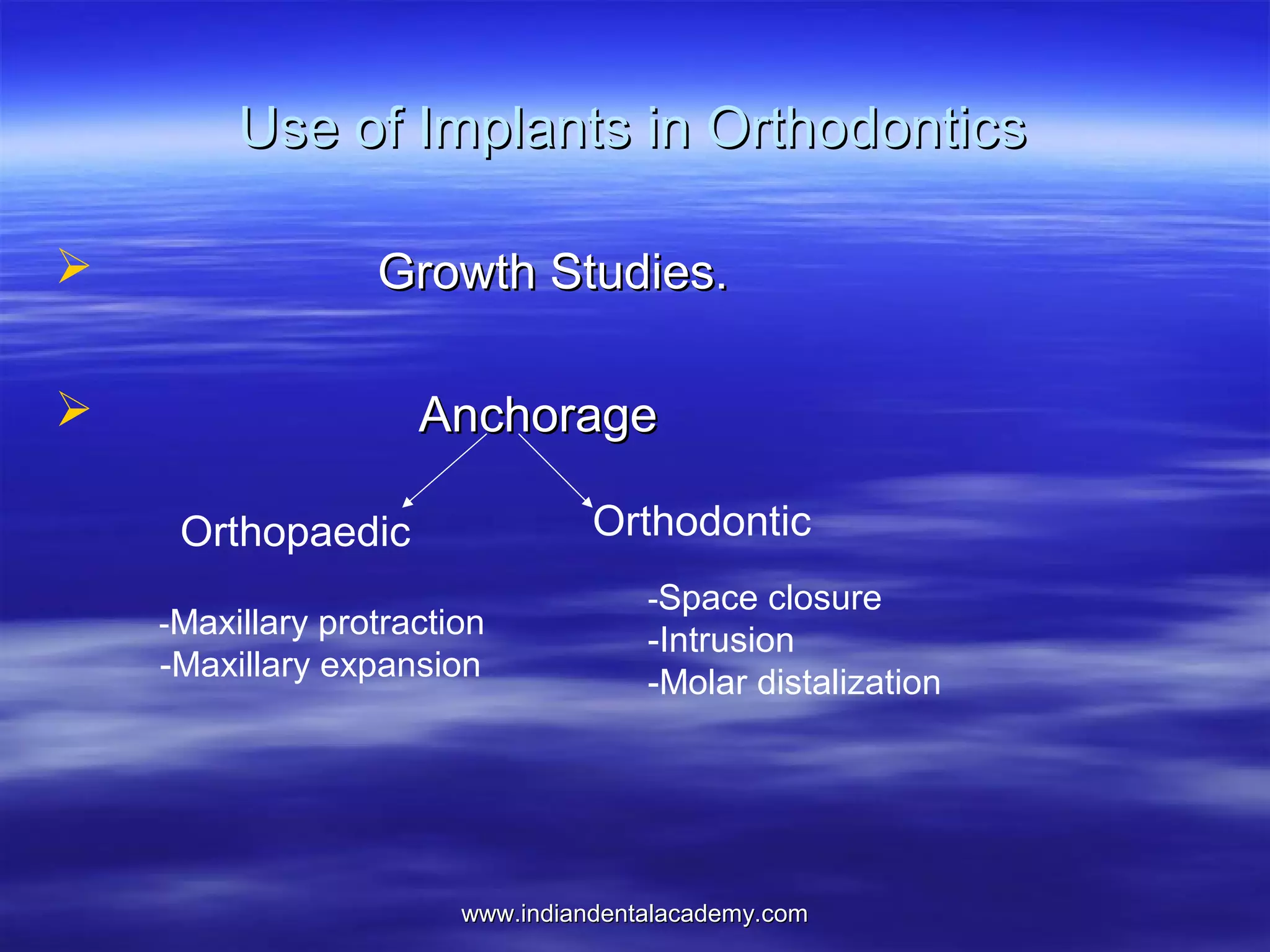 Use of Implants in Orthodontics


Growth Studies.



Anchorage
Orthodontic

Orthopaedic
-Maxillary protraction

-Maxillary expansion

-Space closure

-Intrusion
-Molar distalization

www.indiandentalacademy.com

 