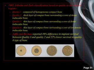Page 51
• 1985, lekholm and Zarb classification based on quality in the anterior
region:-
– Quality I:- composed of homogeneous compact bone.
– Quality 2:- thick layer of compact bone surrounding a core of dense
trabecular bone.
– Quality 3:- thin layer of compact bone surrounding a core of dense
trabecular bone.
– Quality 4:- thin layer of compact bone surrounding a core of low density
trabecular bone.
– Jaffin and Berman reported 10% difference in implant survival
between Quality I and quality 2 and 22% lower survival in quality
4 type of bone
 
