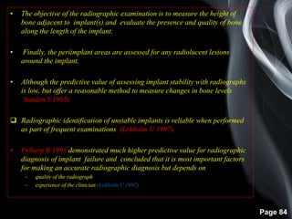 Page 84
• The objective of the radiographic examination is to measure the height of
bone adjacent to implant(s) and evaluate the presence and quality of bone
along the length of the implant.
• Finally, the periimplant areas are assessed for any radiolucent lesions
around the implant.
• Although the predictive value of assessing implant stability with radiographs
is low, but offer a reasonable method to measure changes in bone levels
(Sunden S 1995)
 Radiographic identification of unstable implants is reliable when performed
as part of frequent examinations (Lekholm U 1997).
• Friberg B 1991 demonstrated much higher predictive value for radiographic
diagnosis of implant failure and concluded that it is most important factors
for making an accurate radiographic diagnosis but depends on
– quality of the radiograph
– experience of the clinician (Lekholm U 1997)
 