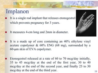 Implanon
 It is a single rod implant that releases etonogestrel
which prevents pregnancy for 3 years.
 It measures 4-cm long and 2mm in diameter.
 It is a made up of core containing an 40% ethylene vinyl
acetate copolymer & 60% ENG (68 mg), surrounded by a
60-μm skin of EVA copolymer.
 Etonogestrel released at a rate of 60 to 70 mcg/day initially,
35 to 45 mcg/day at the end of the first year, 30 to 40
mcg/day at the end of the second year, and finally 25 to 30
mcg/day at the end of the third year. 18
 