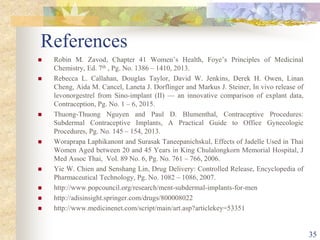 References
 Robin M. Zavod, Chapter 41 Women’s Health, Foye’s Principles of Medicinal
Chemistry, Ed. 7th , Pg. No. 1386 – 1410, 2013.
 Rebecca L. Callahan, Douglas Taylor, David W. Jenkins, Derek H. Owen, Linan
Cheng, Aida M. Cancel, Laneta J. Dorflinger and Markus J. Steiner, In vivo release of
levonorgestrel from Sino-implant (II) — an innovative comparison of explant data,
Contraception, Pg. No. 1 – 6, 2015.
 Thuong-Thuong Nguyen and Paul D. Blumenthal, Contraceptive Procedures:
Subdermal Contraceptive Implants, A Practical Guide to Office Gynecologic
Procedures, Pg. No. 145 – 154, 2013.
 Woraprapa Laphikanont and Surasak Taneepanichskul, Effects of Jadelle Used in Thai
Women Aged between 20 and 45 Years in King Chulalongkorn Memorial Hospital, J
Med Assoc Thai, Vol. 89 No. 6, Pg. No. 761 – 766, 2006.
 Yie W. Chien and Senshang Lin, Drug Delivery: Controlled Release, Encyclopedia of
Pharmaceutical Technology, Pg. No. 1082 – 1086, 2007.
 http://www.popcouncil.org/research/ment-subdermal-implants-for-men
 http://adisinsight.springer.com/drugs/800008022
 http://www.medicinenet.com/script/main/art.asp?articlekey=53351
35
 