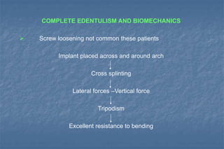 COMPLETE EDENTULISM AND BIOMECHANICS
 Screw loosening not common these patients
Implant placed across and around arch
Cross splinting
Lateral forces –Vertical force
Tripodism
Excellent resistance to bending
 
