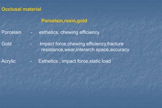 Occlusal material
Porcelain,resin,gold
Porcelain - esthetics, chewing efficiency
Gold - Impact force,chewing efficiency,fracture
resistance,wear,interarch space,accuracy
Acrylic - Esthetics , impact force,static load
 