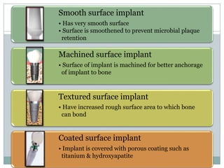 Smooth surface implant
• Has very smooth surface
• Surface is smoothened to prevent microbial plaque
retention
Machined surface implant
• Surface of implant is machined for better anchorage
of implant to bone
Textured surface implant
• Have increased rough surface area to which bone
can bond
Coated surface implant
• Implant is covered with porous coating such as
titanium & hydroxyapatite
 