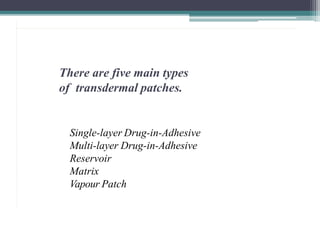 There are five main types
of transdermal patches.
Single-layer Drug-in-Adhesive
Multi-layer Drug-in-Adhesive
Reservoir
Matrix
Vapour Patch
1
7
 