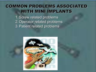 COMMON PROBLEMS ASSOCIATED
WITH MINI IMPLANTS
1.Screw related problems
2.Operator related problems
3.Patient related problems
 