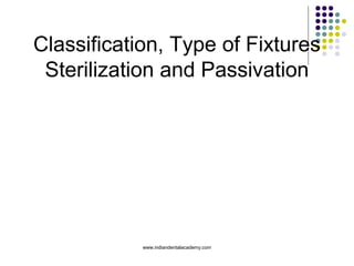 Classification, Type of Fixtures
Sterilization and Passivation

www.indiandentalacademy.com

 