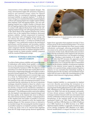 Rao and Gill: Primary stability and implants
106	 Journal of Dental Implants | Jul - Dec 2012 | Vol 2 | Issue 2
characteristics of five different implant designs. The
study demonstrated higher RF (resonance frequency)
analysis and insertion torque values for tapered
implants than for nontapered implants, suggesting
increased stability in tapered implants.[20]
A study by
Linus Chong et al. concluded that fully inserted implants
without self-tapping blades have higher initial stability
than implants with self-tapping blades. The non–self-
tapping implant has a higher number of threads than
the self-tapping implant, thus increasing the surface area
in contact with adjacent block/bone walls. In the self-
tapping implant design, the self-tapping blades present
in the apical third of the implant minimize the contact
surface area of the implant thus leading to decreased
primary stability. Lateral compression of material/
bone associated with self-tapping thread design did
not enhance the primary stability of the self-tapping
design used in the study.[21]
A study by O’Sullivan and
colleagues[22]
was conducted to analyze the mechanical
performance and the primary and secondary stability
characteristics of dental implants with 1° and 2° of taper
when compared with the standard Brånemark design.
Their results showed that an implant designed with 1°
of taper results in a better primary stability compared
with the standard Brånemark design.
SURGICAL TECHNIQUE AFFECTING PRIMARY
IMPLANT STABILITY
To achieve better primary stability and expand the range
of indications with inferior bone quality, a procedure
known as the osteotome technique for bone condensing
was developed by Summer in 1994. The objective of this
procedure is to retain the bone that would otherwise be
removedbycompressingitlaterallyandaxiallytocreatea
precisely formed implant site.[23]
The use of the osteotome
technique for implant placement in normal ridge cases
in a study by Padmanabhan and Gupta[23]
revealed
an average crestal bone loss of 1.19 mm compared to
0.99 mm bone loss with conventional procedure. It was
concluded that the indications for the use of osteotome
technique should be limited to those for which it was
introduced, that is, knife-edge ridges and for bone with
less density. It should not be considered a substitute or
replacement for the conventional procedure of implant
placement.[23]
The drilling procedure used at the implant
site, the implant’s macrogeometry (tapered shape), and
the bone quality at the implant site seem to influence
the achievement of primary stability. Underpreparation
of the implant bone bed makes it possible to increase
the moment of force needed to screw the implant into
position [Figure 2]. This moment of force is referred to
as insertion torque. By increasing the insertion torque it
is possible to improve an implant’s primary stability.[24]
A study by Paolo Trisi et al. showed that implants
from the HT (high torque) group showed significantly
higher bone apposition than implants from the LT (low
torque) group at all examined healing times.[24]
In recent
years, titanium mini-implants have been used as stable
orthodontic anchorages, allowing predictable tooth
movement to be achieved successfully without patient
cooperation. In their study, Mizuki Inaba and coworkers
found that the inclination of the implant in the direction
opposite to the tractional force was thought to facilitate
anchorage. Slanting a mini-implant at an angle of 60°
and 120° other than 90° increases the apparent cortical
bone thickness, and might enhance stability.[25]
A study
by Ramakrishna et al. evaluated the effect of immediate
loading on the primary stability of endosseous implants
placed in the anterior incisor region by mapping the
stability over a period of time, using resonance frequency
analysis. It was concluded that immediate loading of
implants placed in the maxillary and mandibular incisor
region did not seem to affect the osseointegration of the
implants which showed a high primary stability.[18]
DISCUSSION
Primary implant stability is a prerequisite for implant
survival, thereby preventing the formation of a
connective tissue layer between implant and bone, thus
ensuring bone healing (Branemark et al. 1977; Adell et al.
1981; Albrektsson et al. 1981; Meredith 1998; Lioubavina-
Hack et al. 2006). Not only do the quantity and quality
of bone dictate primary stability, but the surgical
technique (relation between drill size and implant size)
and the combination of the microscopic and macroscopic
morphology of the implant itself are also decisive
parameters (Adell et al. 1981; Zarb and Schmitt 1990;
Sennerby and Roos 1998; Buchter et al. 2003; O’Sullivan
et al. 2004; Saadoun et al. 2004; Sevimay et al. 2005).
Optimal implant stability is especially essential in bone
of low density (Listgarten 1997; Martinez et al. 2001).
Several modifications of surgical technique have been
Figure 2: Comparison of natural extraction socket and implant
osteotome
[Downloaded free from http://www.jdionline.org on Friday, July 15, 2016, IP: 117.240.66.195]
 