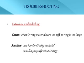 TROUBLESHOOTING
1. Extrusion and Nibbling
Cause: when O-ring materials are too soft or ring is too large
Solution: use harder O-ring material
install a properly sized O-ring
 