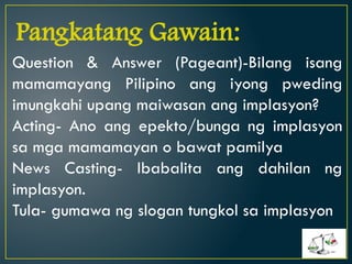 Tagalog Questions For Pageant IMPLASYON-IKATLONG MARKAHAN SA ARALING PANLIPUNAN | PPTX