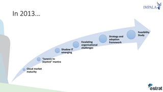 In 2013…
Cloud market
maturity
“Jurassic to
Joystick” mantra
Shadow IT
emerging
Escalating
organisational
challenges
Strategy and
adoption
framework
Feasibility
Study
 