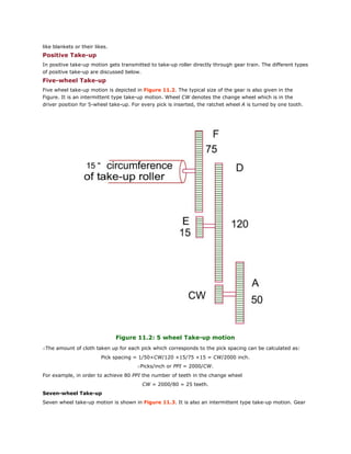like blankets or their likes.
Positive Take-up
In positive take-up motion gets transmitted to take-up roller directly through gear train. The different types
of positive take-up are discussed below.
Five-wheel Take-up
Five wheel take-up motion is depicted in Figure 11.2. The typical size of the gear is also given in the
Figure. It is an intermittent type take-up motion. Wheel CW denotes the change wheel which is in the
driver position for 5-wheel take-up. For every pick is inserted, the ratchet wheel A is turned by one tooth.
Figure 11.2: 5 wheel Take-up motion
∴The amount of cloth taken up for each pick which corresponds to the pick spacing can be calculated as:
Pick spacing = 1/50×CW/120 ×15/75 ×15 = CW/2000 inch.
∴Picks/inch or PPI = 2000/CW.
For example, in order to achieve 80 PPI the number of teeth in the change wheel
CW = 2000/80 = 25 teeth.
Seven-wheel Take-up
Seven wheel take-up motion is shown in Figure 11.3. It is also an intermittent type take-up motion. Gear
 
