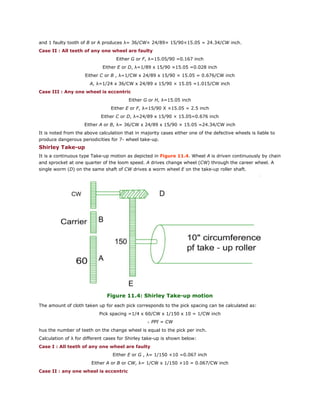 and 1 faulty tooth of B or A produces λ= 36/CW× 24/89× 15/90×15.05 = 24.34/CW inch.
Case II : All teeth of any one wheel are faulty
Either G or F, λ=15.05/90 =0.167 inch
Either E or D, λ=1/89 x 15/90 ×15.05 =0.028 inch
Either C or B , λ=1/CW x 24/89 x 15/90 × 15.05 = 0.676/CW inch
A, λ=1/24 x 36/CW x 24/89 x 15/90 × 15.05 =1.015/CW inch
Case III : Any one wheel is eccentric
Either G or H, λ=15.05 inch
Either E or F, λ=15/90 X ×15.05 = 2.5 inch
Either C or D, λ=24/89 x 15/90 × 15.05=0.676 inch
Either A or B, λ= 36/CW x 24/89 x 15/90 × 15.05 =24.34/CW inch
It is noted from the above calculation that in majority cases either one of the defective wheels is liable to
produce dangerous periodicities for 7- wheel take-up.
Shirley Take-up
It is a continuous type Take-up motion as depicted in Figure 11.4. Wheel A is driven continuously by chain
and sprocket at one quarter of the loom speed. A drives change wheel (CW) through the career wheel. A
single worm (D) on the same shaft of CW drives a worm wheel E on the take-up roller shaft.
Figure 11.4: Shirley Take-up motion
The amount of cloth taken up for each pick corresponds to the pick spacing can be calculated as:
Pick spacing =1/4 x 60/CW x 1/150 x 10 = 1/CW inch
∴ PPI = CW
hus the number of teeth on the change wheel is equal to the pick per inch.
Calculation of λ for different cases for Shirley take-up is shown below:
Case I : All teeth of any one wheel are faulty
Either E or G , λ= 1/150 ×10 =0.067 inch
Either A or B or CW, λ= 1/CW x 1/150 ×10 = 0.067/CW inch
Case II : any one wheel is eccentric
 