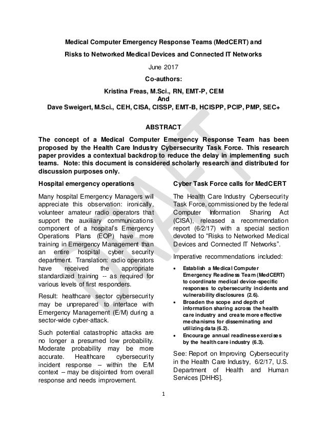 Nursing meets Hacking Medical Computer Emergency Response Teams