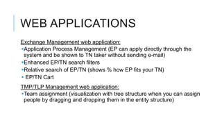 WEB APPLICATIONS
Exchange Management web application:
Application Process Management (EP can apply directly through the
 system and be shown to TN taker without sending e-mail)
Enhanced EP/TN search filters
Relative search of EP/TN (shows % how EP fits your TN)
 EP/TN Cart
TMP/TLP Management web application:
Team assignment (visualization with tree structure when you can assign
 people by dragging and dropping them in the entity structure)
 