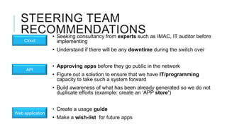 STEERING TEAM
   RECOMMENDATIONS as IMAC, IT auditor before
       • Seeking consultancy from experts such
    Cloud          implementing
                  • Understand if there will be any downtime during the switch over


                  • Approving apps before they go public in the network
     API
                  • Figure out a solution to ensure that we have IT/programming
                    capacity to take such a system forward
                  • Build awareness of what has been already generated so we do not
                    duplicate efforts (example: create an ‘APP store’)


                  • Create a usage guide
Web application
                  • Make a wish-list for future apps
 