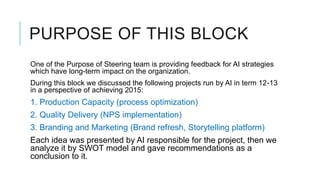 PURPOSE OF THIS BLOCK
One of the Purpose of Steering team is providing feedback for AI strategies
which have long-term impact on the organization.
During this block we discussed the following projects run by AI in term 12-13
in a perspective of achieving 2015:
1. Production Capacity (process optimization)
2. Quality Delivery (NPS implementation)
3. Branding and Marketing (Brand refresh, Storytelling platform)
Each idea was presented by AI responsible for the project, then we
analyze it by SWOT model and gave recommendations as a
conclusion to it.
 